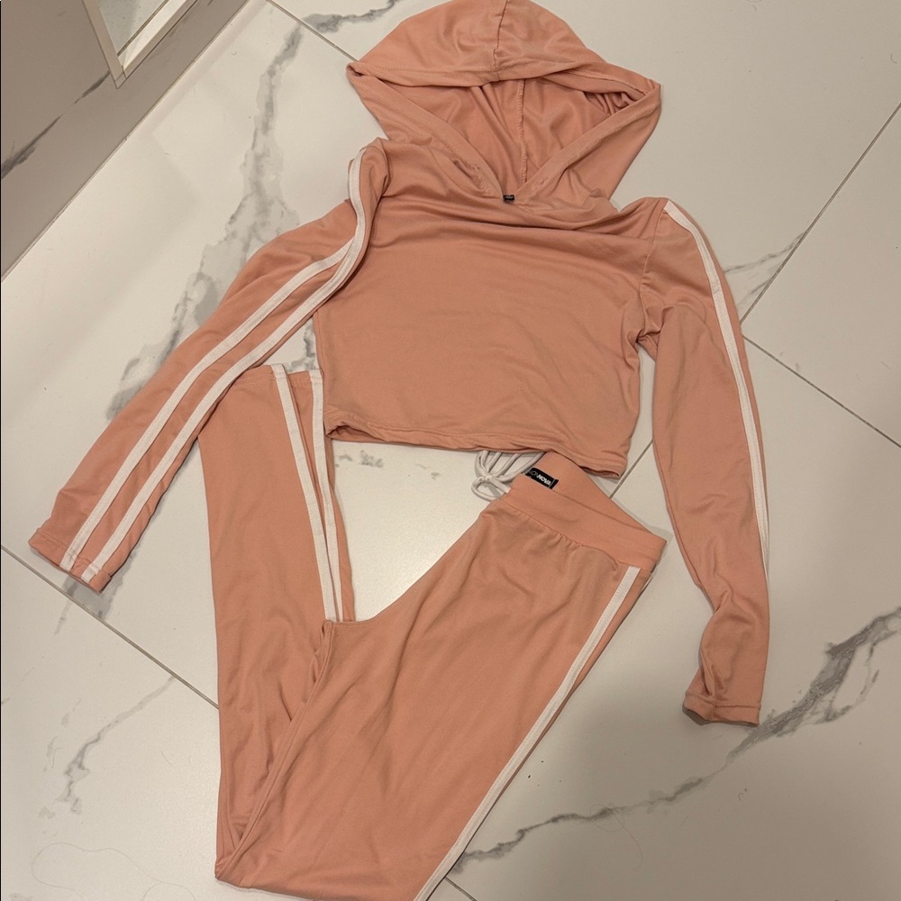 Peach Hooded Tracksuit with White Stripes